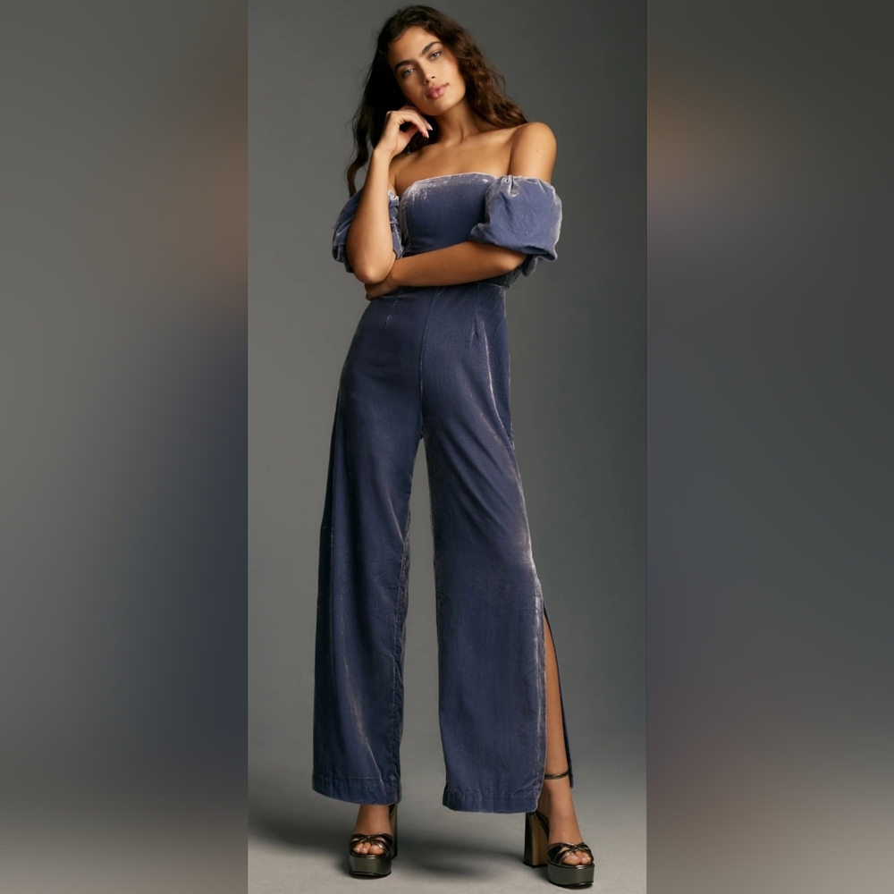 Anthropologie The Femme Velvet Jumpsuit   in Blue Size 8